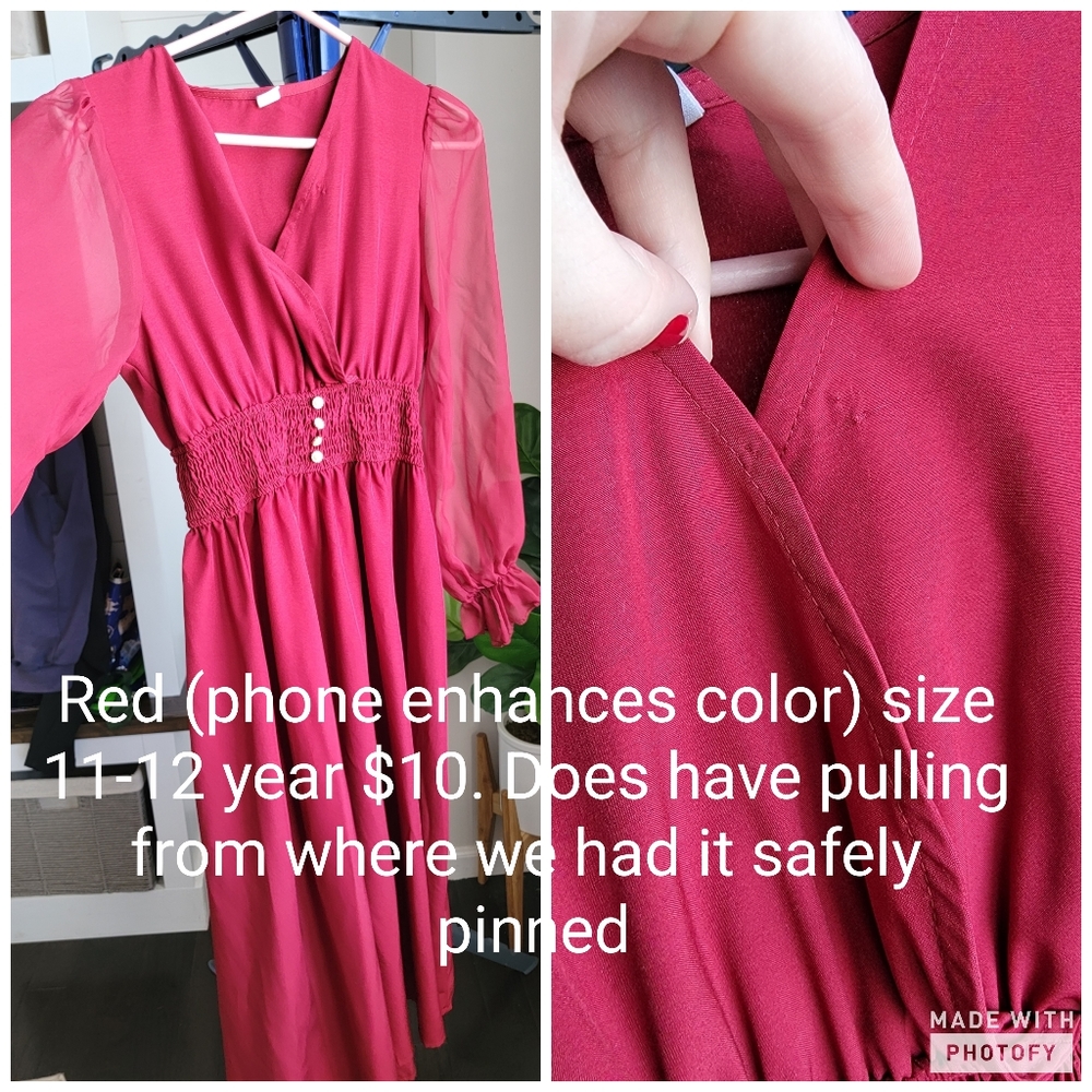 Red dress sheer sleeves. See pic for flaw size 11-12 year
